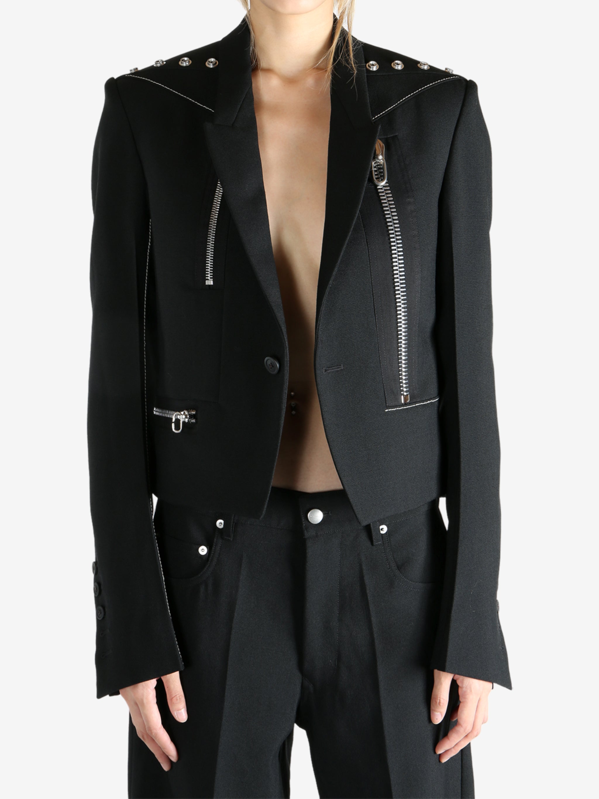 Black jacket worn by a person, showing the  jacket fit