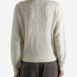 White sweater worn by a person, showing the sweater's fit