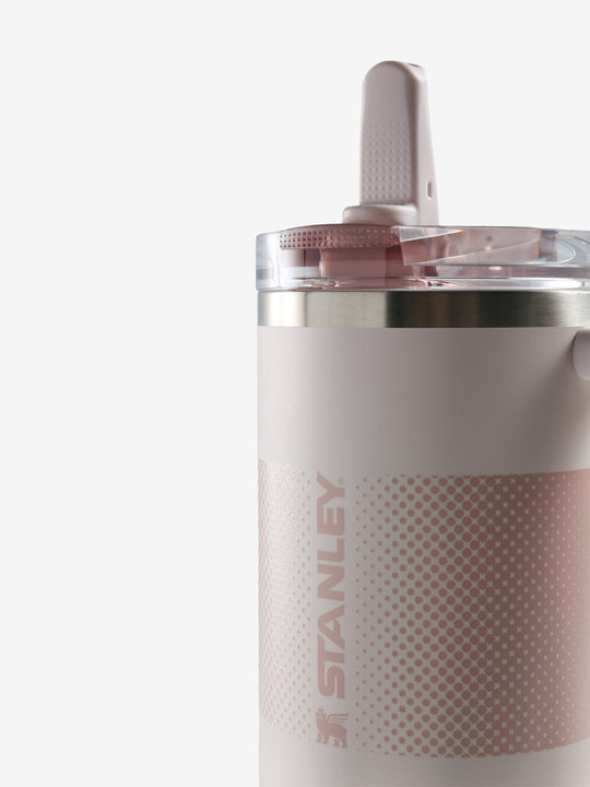 Close up of pink tumbler, showing texture of the stainless steel fabric