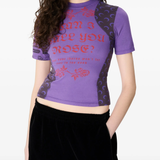 Purple T-shirt worn by a person, showing the T-shirt fit
