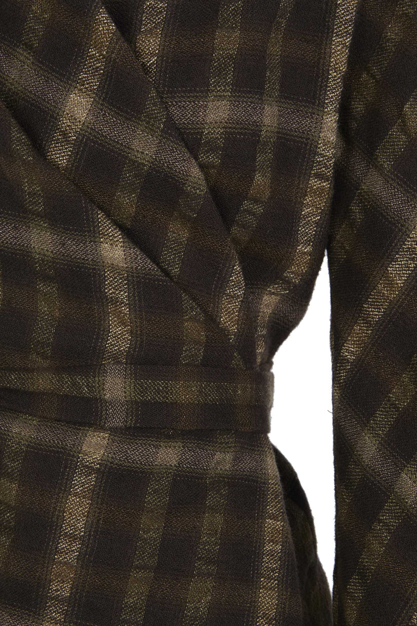 Close up of the brown jacket, showing texture of the linen and wool fabric