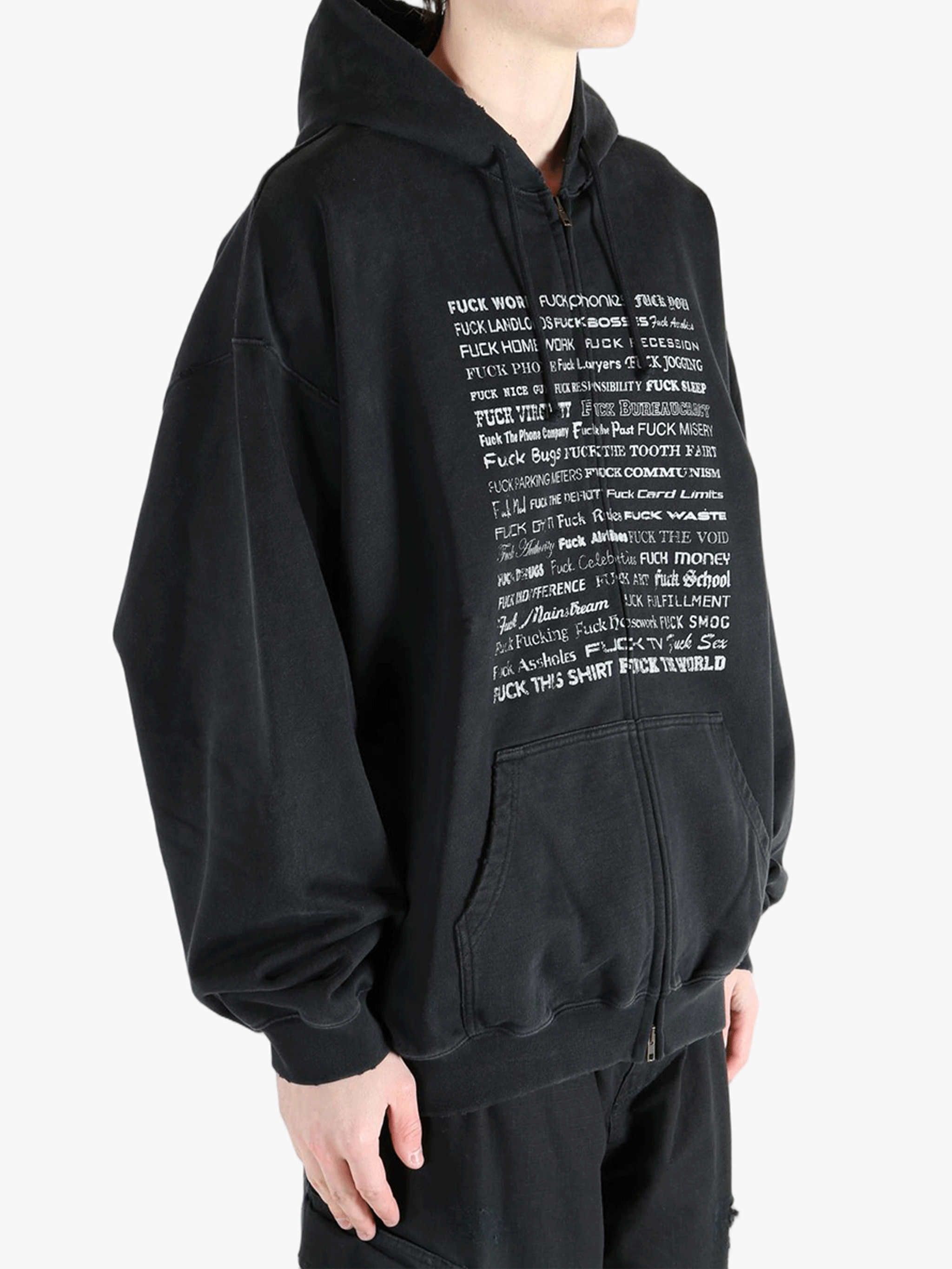 Black hoodie worn by a person, showing the hoodie fit