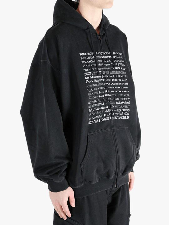 Black hoodie worn by a person, showing the hoodie fit