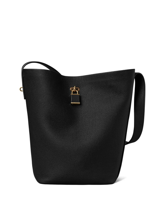 Black bucket bag, front view
