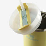 Close up of yellow tumbler, showing texture of the stainless steel fabric