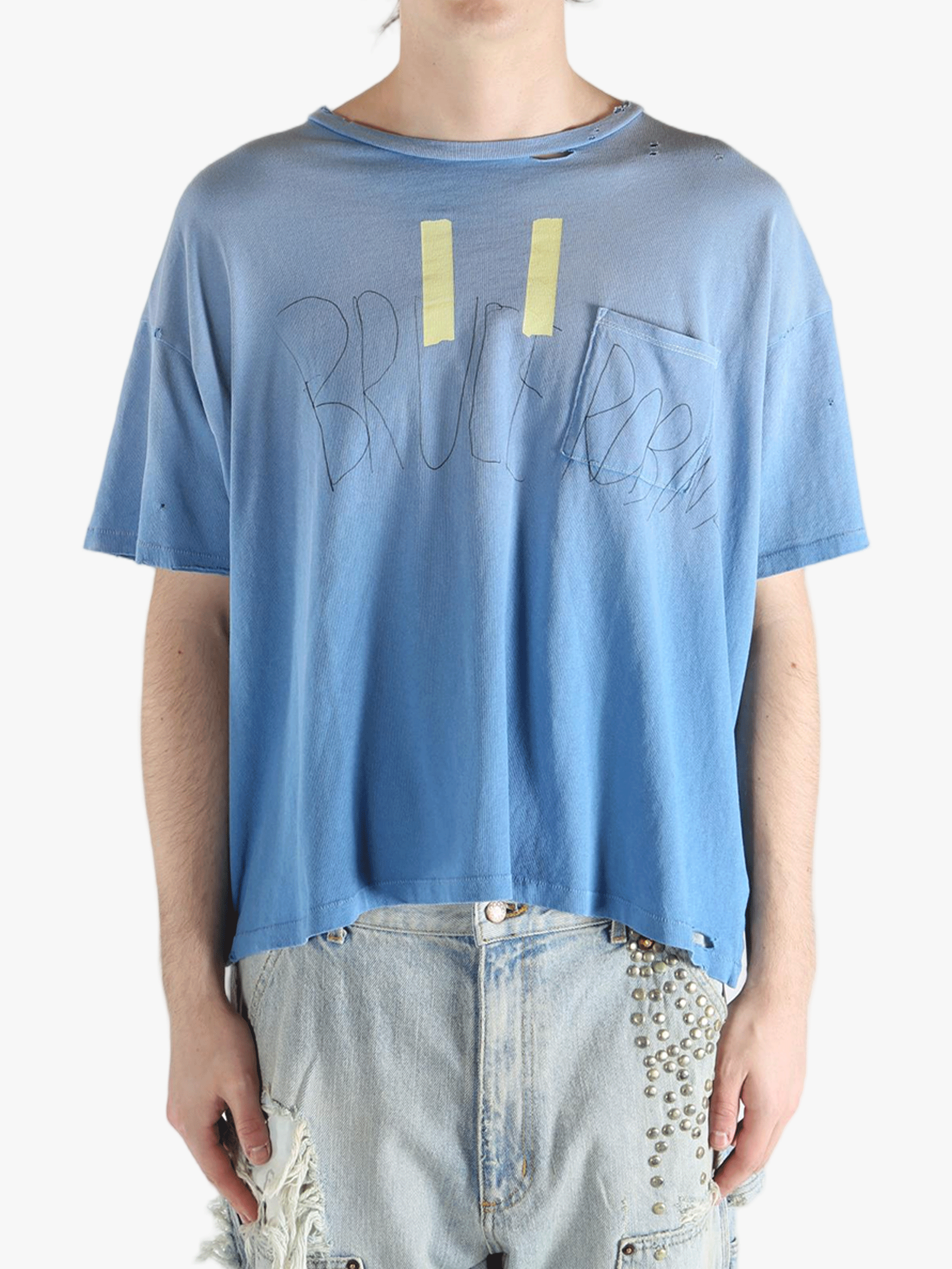 Blue t-shirt worn by a person, showing the shirt's fit