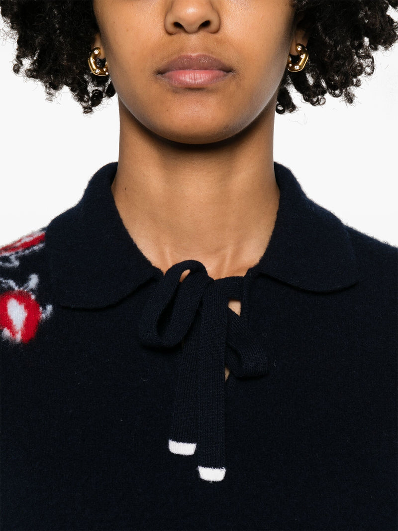 THOM BROWNE - Women Brushed Rose Jersey Intarsia Keyhole Polo In Merino Wool