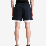 Navy shorts, full body view
