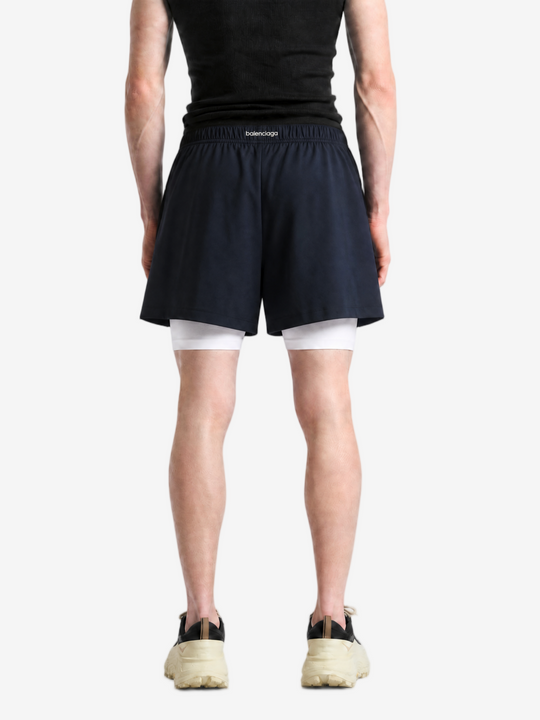 Navy shorts, full body view