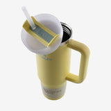 Close up of the yellow tumbler, showing texture of the recycled 18/8 stainless steel fabric