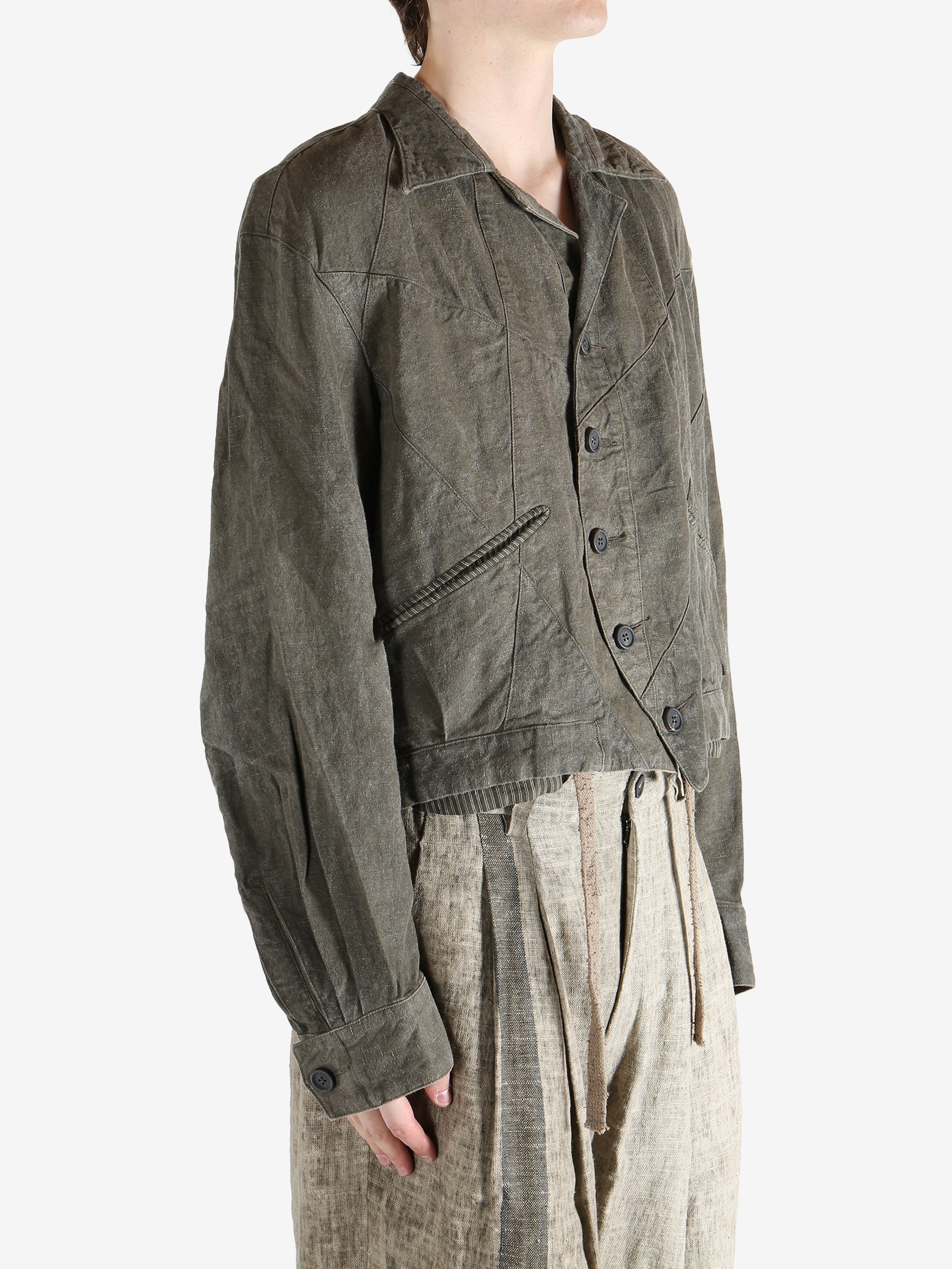 Green jacket worn by a person, showing the jacket fit