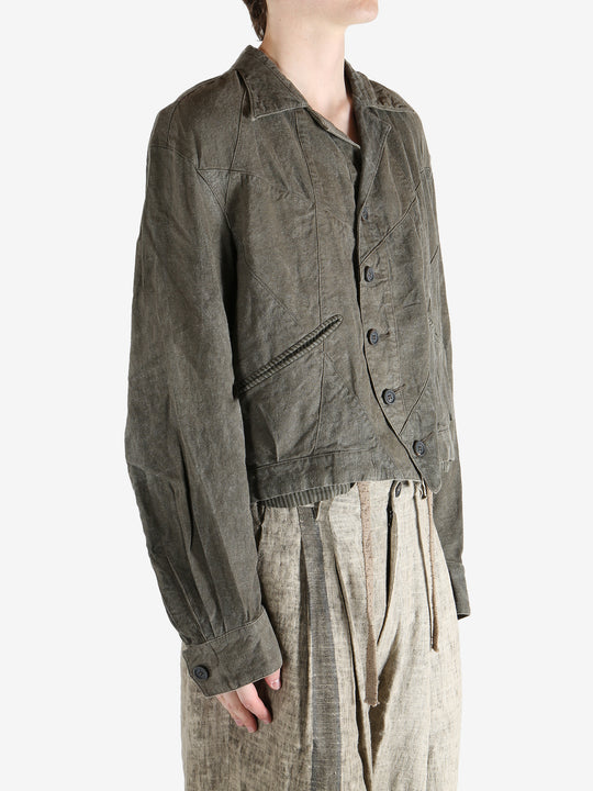 Green jacket worn by a person, showing the jacket fit