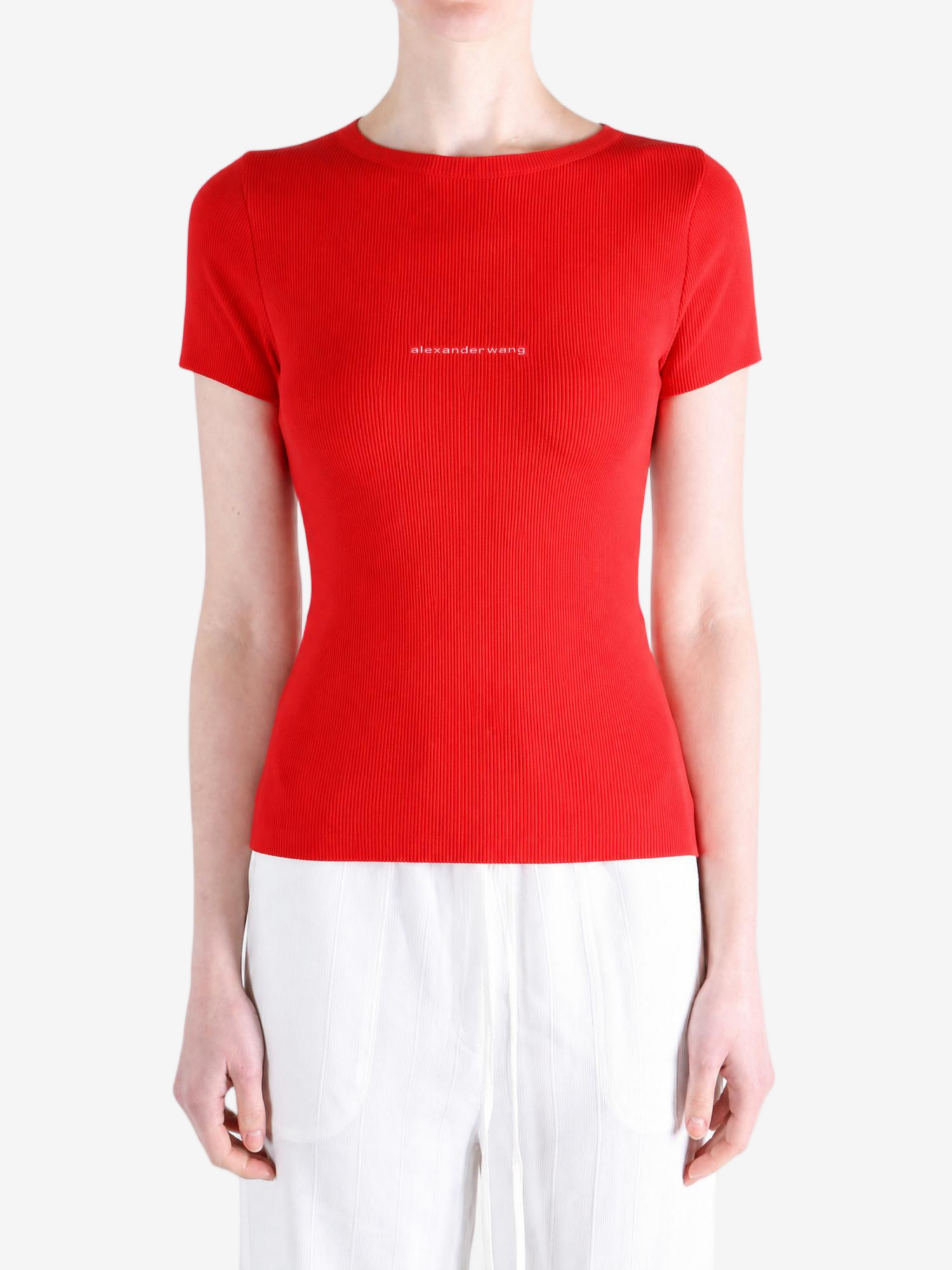 Red t-shirt worn by a person, showing the t-shirt fit