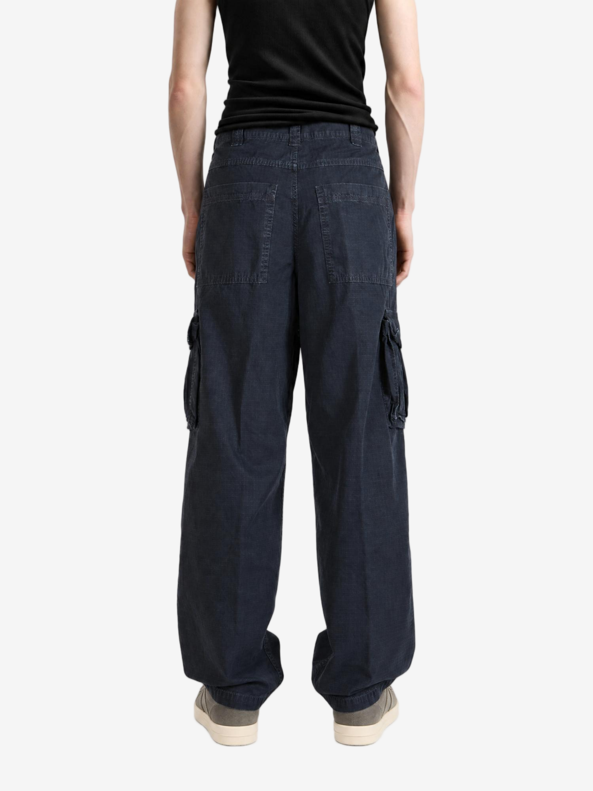 Navy pants, full body view