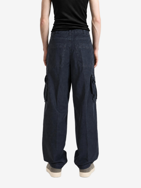 Navy pants, full body view