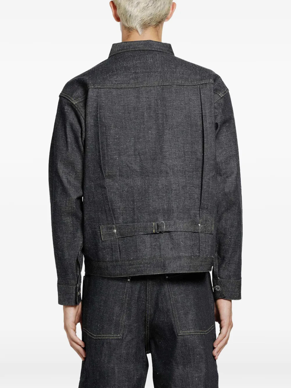 Navy jacket, full body view