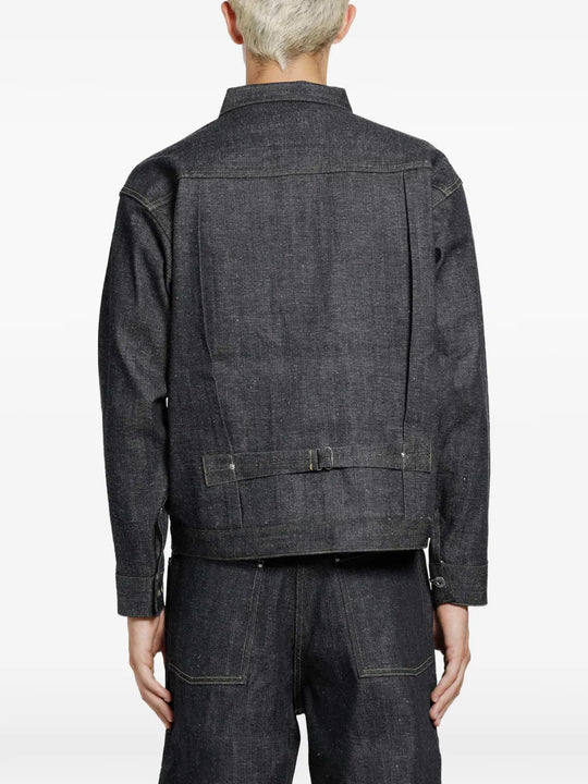 Navy jacket, full body view
