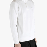 White pullover worn by a person, showing the pullover's fit