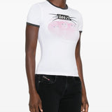 White t-shirt worn by a person, showing the shirt's fit