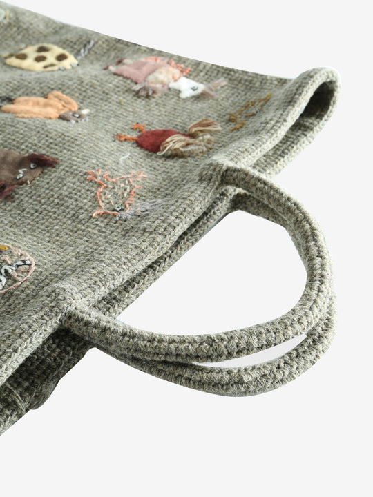 Close up of green bag,showing texture of the wool fabric