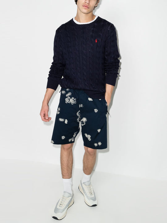 Navy pullover, full body view