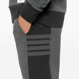 Close up of grey pants, showing texture of the cotton fabric