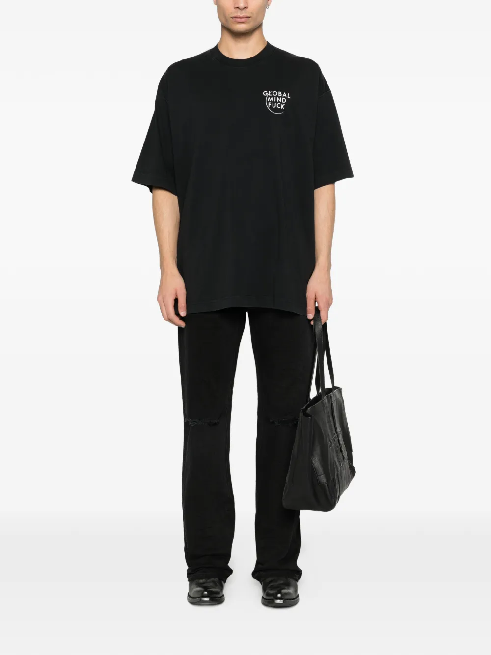 black t-shirt, full body view