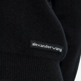 Close up of black knitwear, showing texture of the wool fabric