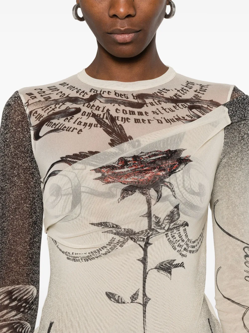 JEAN PAUL GAULTIER - Women Printed "Tattoo Rose & Bird" Double Layer Mesh Top