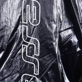 Close up of black jacket, showing texture of the fabric