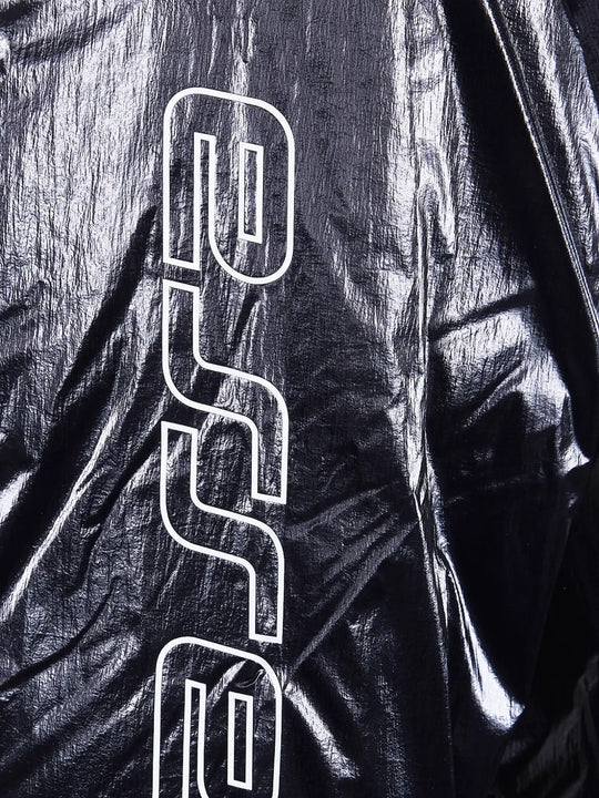 Close up of black jacket, showing texture of the fabric