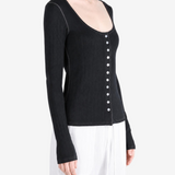 Black knitwear worn by a person, showing the knitwear fit