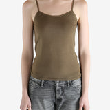 Tan top worn by a person, showing the top's fit