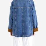 Blue jacket, full body view