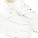 Close up of white boots,showing texture of the calf leather fabric.