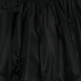 Close up of black skirts, showing texture of the viscose and polyester and      recycled polyamide fabric