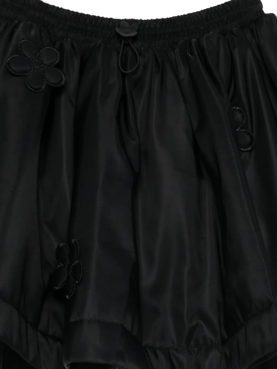 Close up of black skirts, showing texture of the viscose and polyester and      recycled polyamide fabric