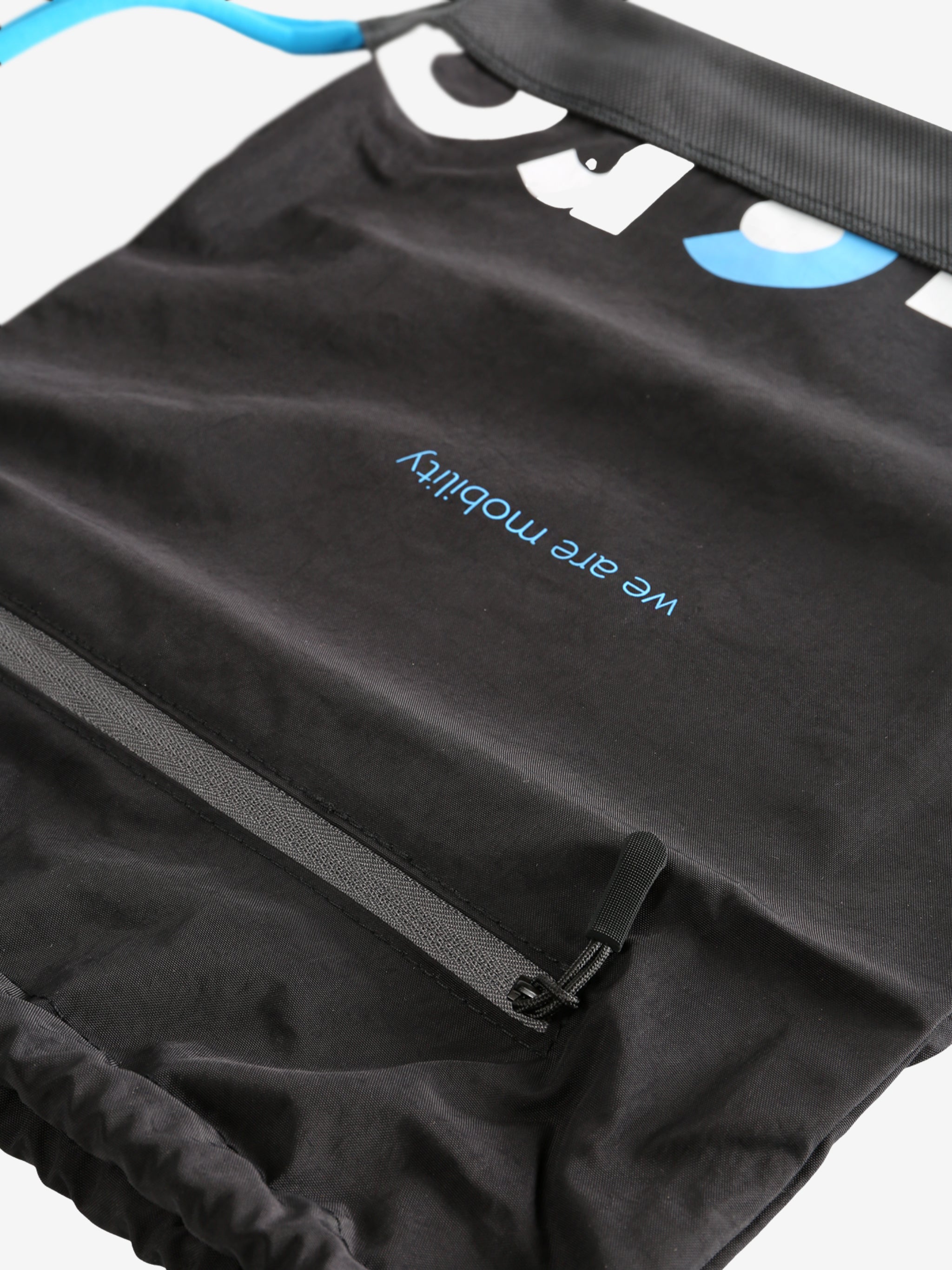 Close up of the black bag, showing texture of the nylon fabric