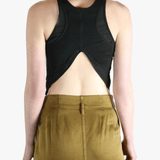 Black top worn by a person, showing the top's fit