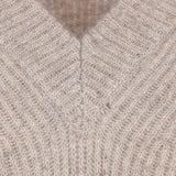Close up of Tan hoodie, showing texture of the 48% cashmere/ 17% mohair/ 17% wool/ 15% polyamide/ 3% metallised fabric