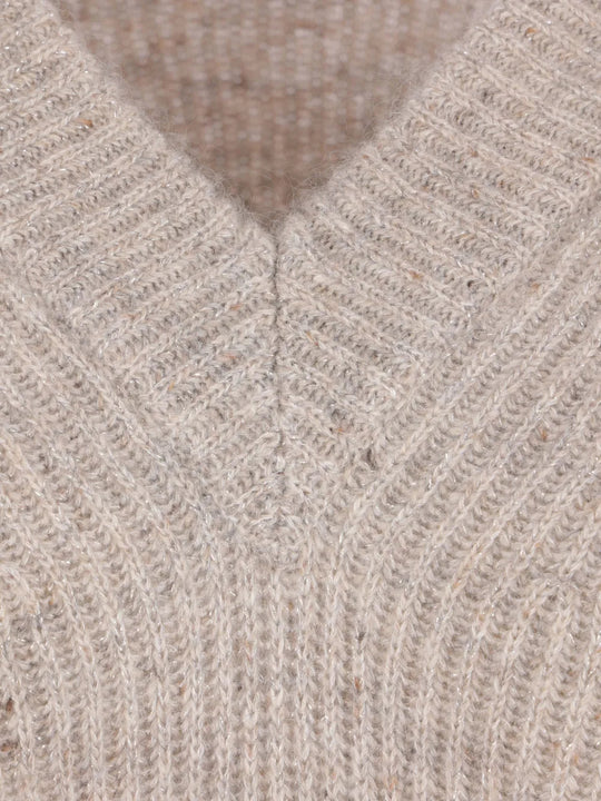 Close up of Tan hoodie, showing texture of the 48% cashmere/ 17% mohair/ 17% wool/ 15% polyamide/ 3% metallised fabric