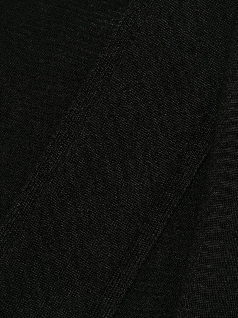 Close up of black scrarf, showing texture of the acrylic and wool fabric