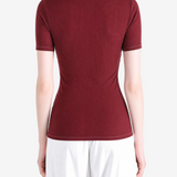 Burgundy t-shirt worn by a person, showing the t-shirt fit