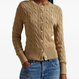 Brown cardigan worn by a person, showing the cardigan's fit