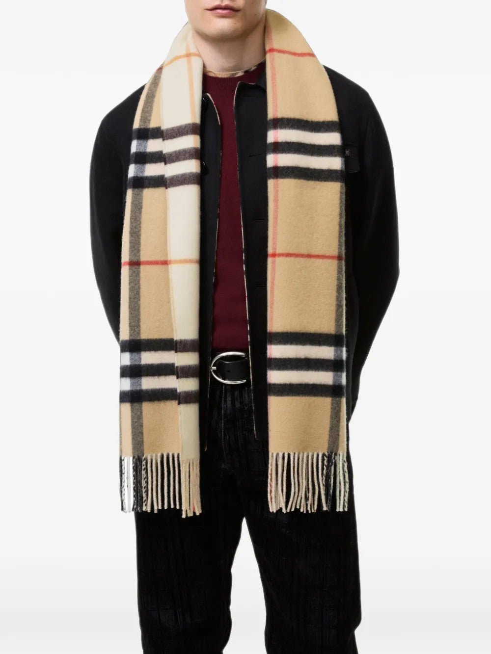 Tan scarf worn by a person, showing the scarf fit