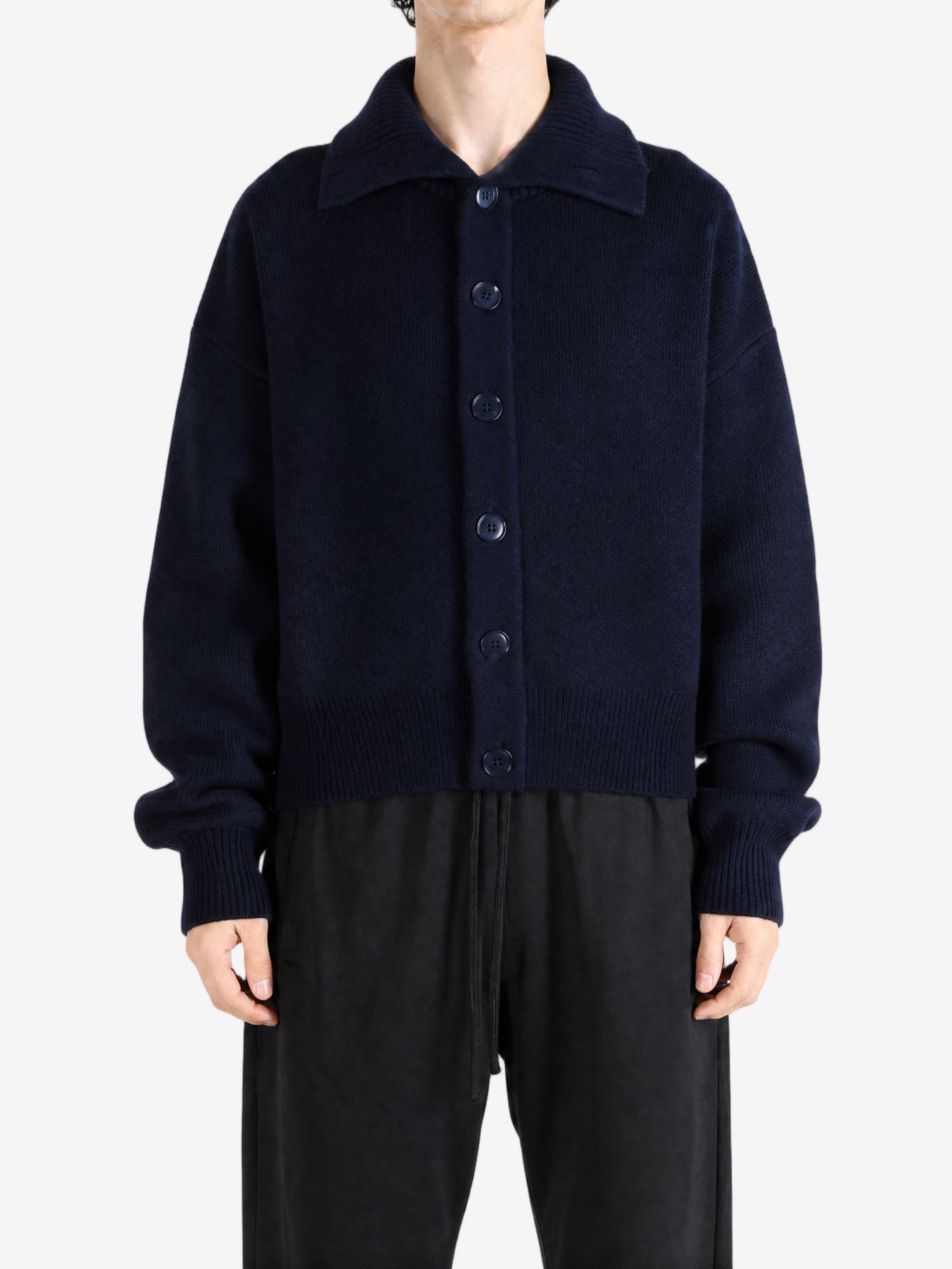 Navy hoodie, full body view