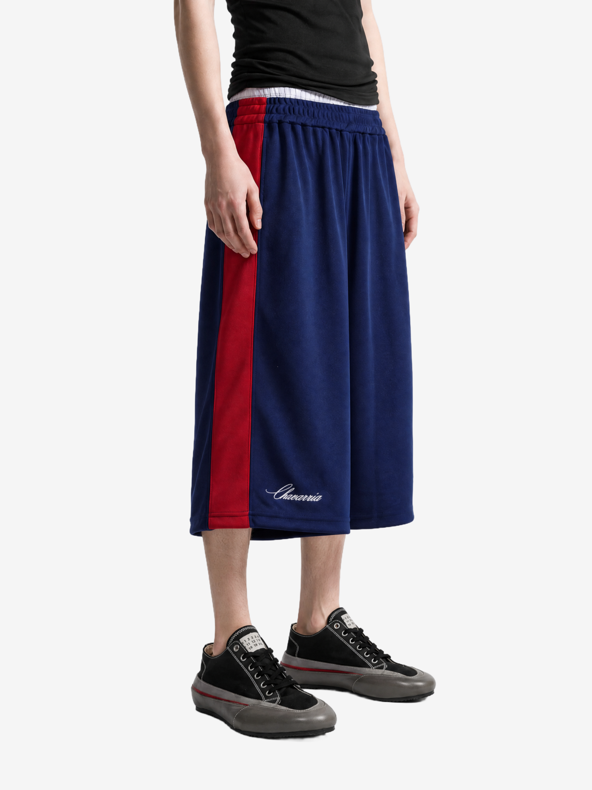 Navy pants, full body view