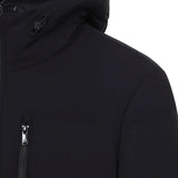 Close up of Black jacket, showing texture of the 100% nylon fabric