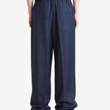 Navy pants, full body view