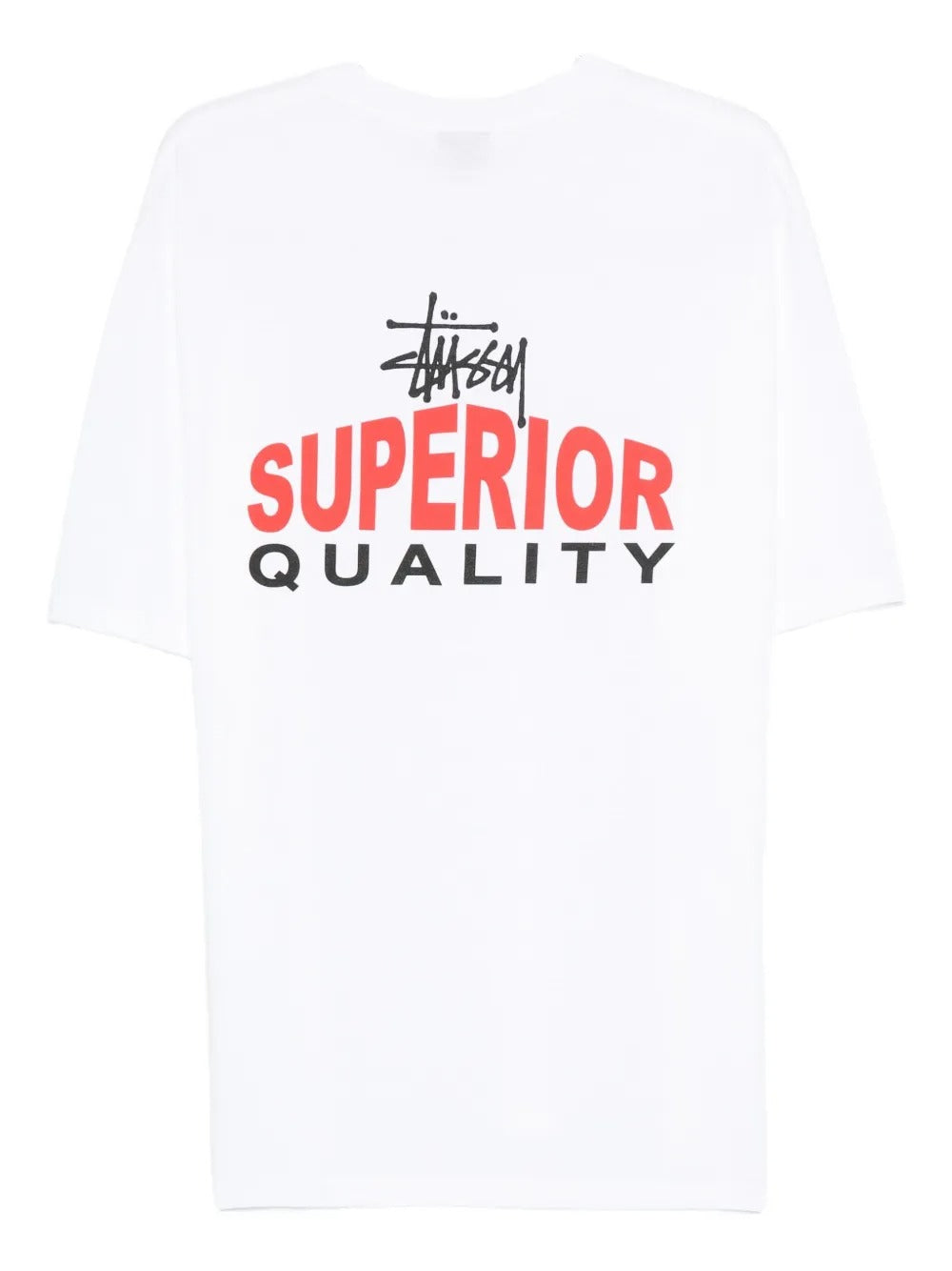 White t-shirt, back view showing relaxed fit